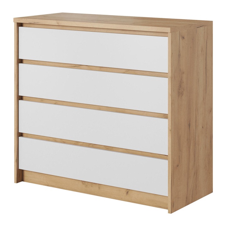 Comoda Furnlux alba si stejar, 4 sertare, 93x40x80cm