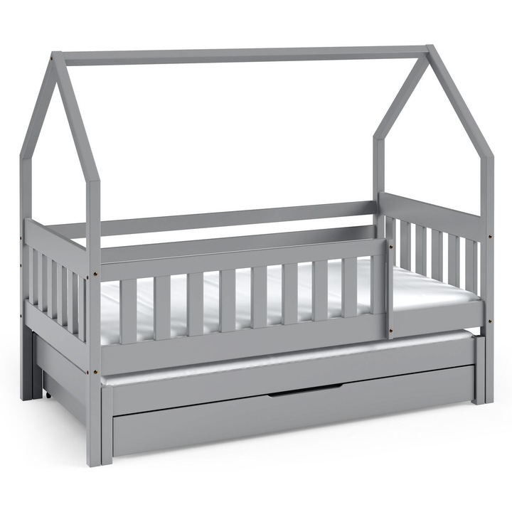 Детско легло Furnlux, 80x160 см, сиво, с рамка във формата на къща, с чекмедже за съхранение