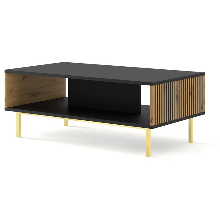 Маса за кафе Furnlux Ravenna, черна, рустикален дъб, 45x90x60 см, с рафт.