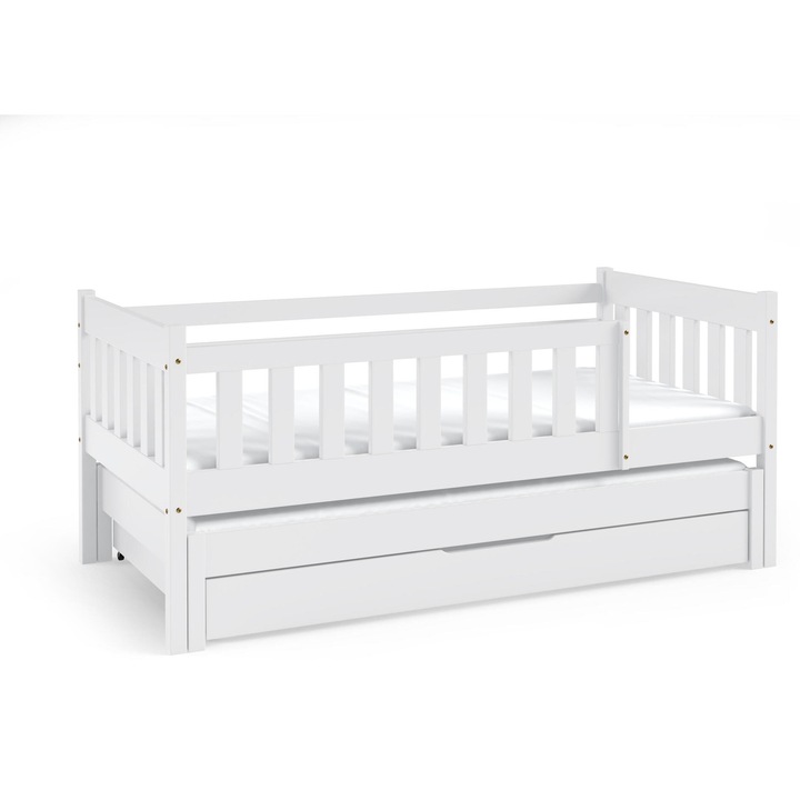 Детско легло Нела, Furnlux, 80x160 см, бяло, от борова дървесина, с чекмедже за съхранение