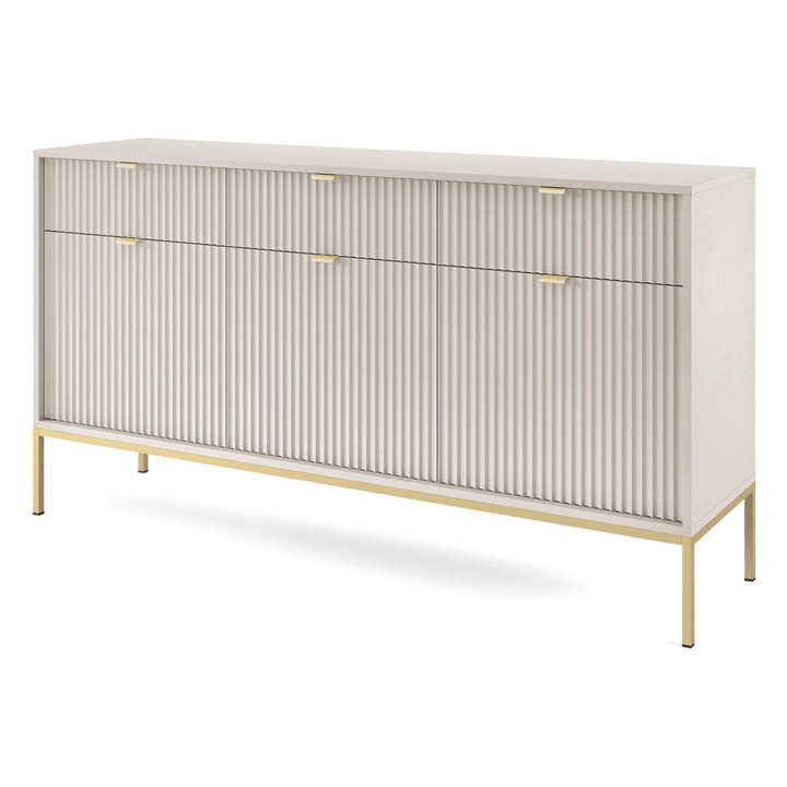 Comoda Avon, 83x154x39cm, 6 rafturi, 3 sertare, bej si auriu