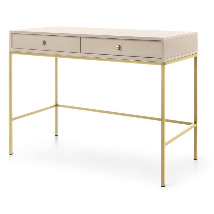 Masuta Consola Furnlux, 104 cm, bej cu accente aurii, 2 sertare, design modern