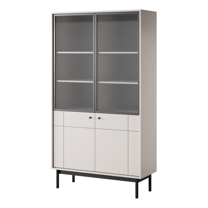 Vitrina Furnlux, Japandi, Bej si Negru 104 cm, 10 compartimente, design minimalist