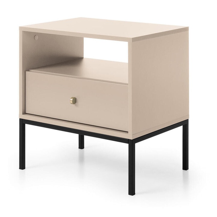 Noptiera Furnlux Mono, bej si negru, 54 cm, cu raft deschis si sertar