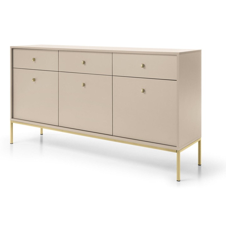 Comoda Furnlux, Mono, bej cu accente aurii, 154cm, 3 usi, 3 sertare