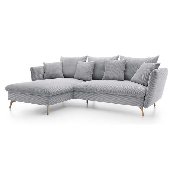 Canapea coltar, Furnlux, gri deschis, 258x167cm, locuri pentru 4 persoane, zona de dormit extensibila