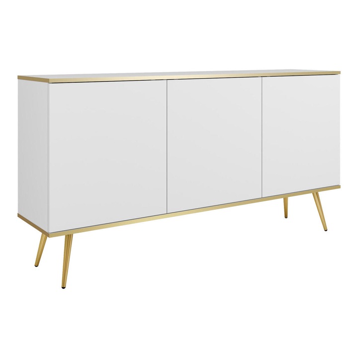 Comoda Furnlux, alb si auriu 160x39x85cm, 6 compartimente