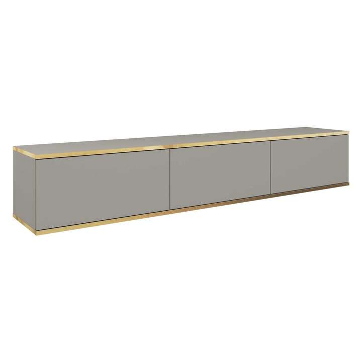 Comoda TV Furnlux ORO, 30x175x32 cm, 3 rafturi, 3 usi, gri si auriu