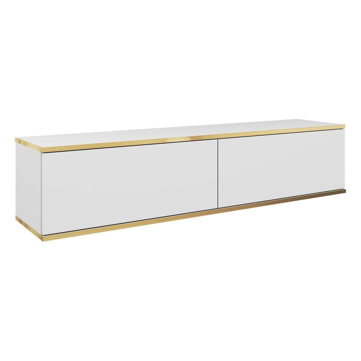 Comoda TV Furnlux ORO alb si auriu, 2 rafturi, 2 usi, 30x135x32 cm