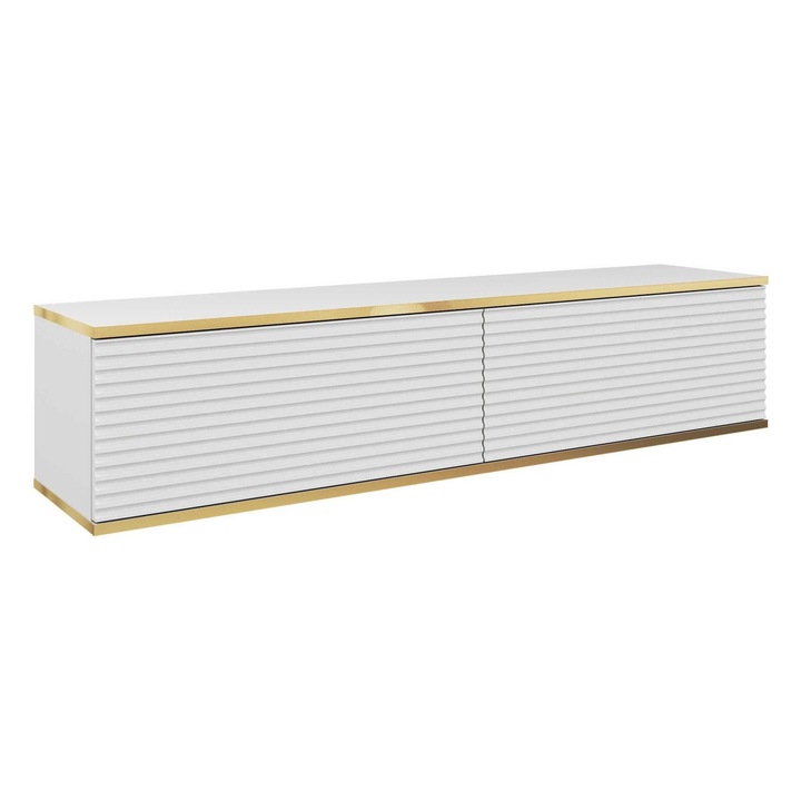 Comoda TV Furnlux ORO, alb si auriu, 30x135x32 cm, 2 rafturi, design modern