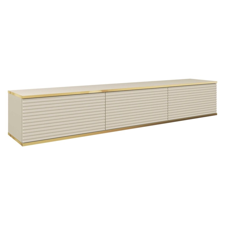 Comoda TV Furnlux ORO, 30x175x32 cm, 3 rafturi, bej si aur
