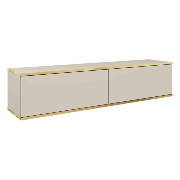 Comoda TV Furnlux ORO, 30x135x32 cm, bej si aurie, 2 rafturi, design modern