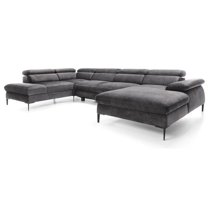 Canapea coltar, Furnlux, Gri inchis, 6-7 locuri, zona de dormit extensibila, 353x214cm