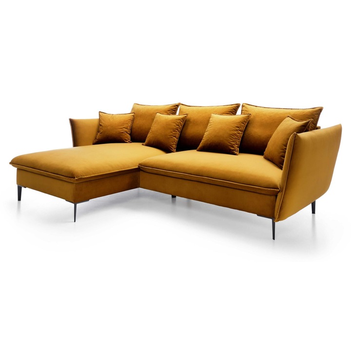 Canapea coltar, Furnlux, Galben, 258x167cm, 4-5 locuri, zona de dormit extensibila