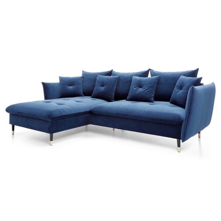 Canapea coltar, Furnlux, albastra, 258 x 167 cm, cu zona de dormit si container pentru lenjerie, Albastru