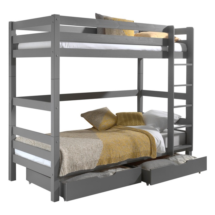 Двуетажно легло Furnlux, Pino, сиво, 90x200 см, реверсивна стълба, 2 чекмеджета за съхранение