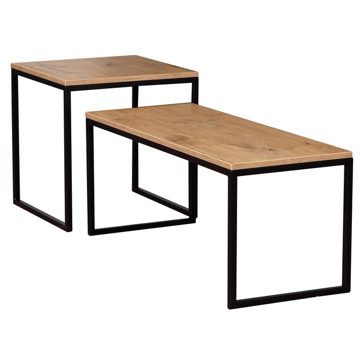Set 2 mese de cafea TONY, Furnlux, 50x50x50cm, lemn ingineresc, otel, culoare stejar si negru