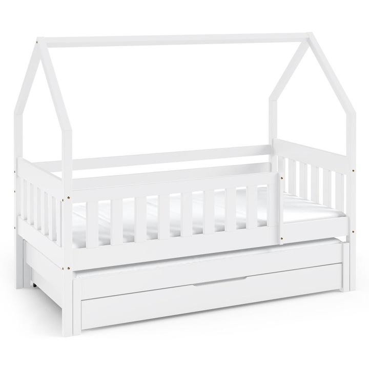 Детско легло Maja, Furnlux, 80x160 см, бяло, борово дърво, рамка във формата на къща, чекмедже за съхранение