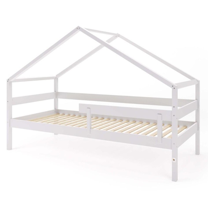 Pat pentru copii, Furnlux, 90x200cm, lemn de pin, gri deschis, cu bariera de protectie inclusa