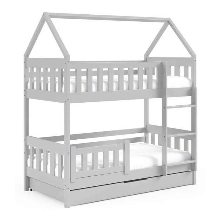 Детско легло Zuzia, Furnlux, 80x160 см, сиво, борова дървесина, рамка във формата на къща, с чекмедже за съхранение