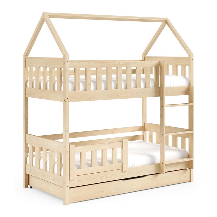 Детско легло Zuzia, Furnlux, 80x160 см, бежово, борова дървесина, чекмедже, дизайн къща