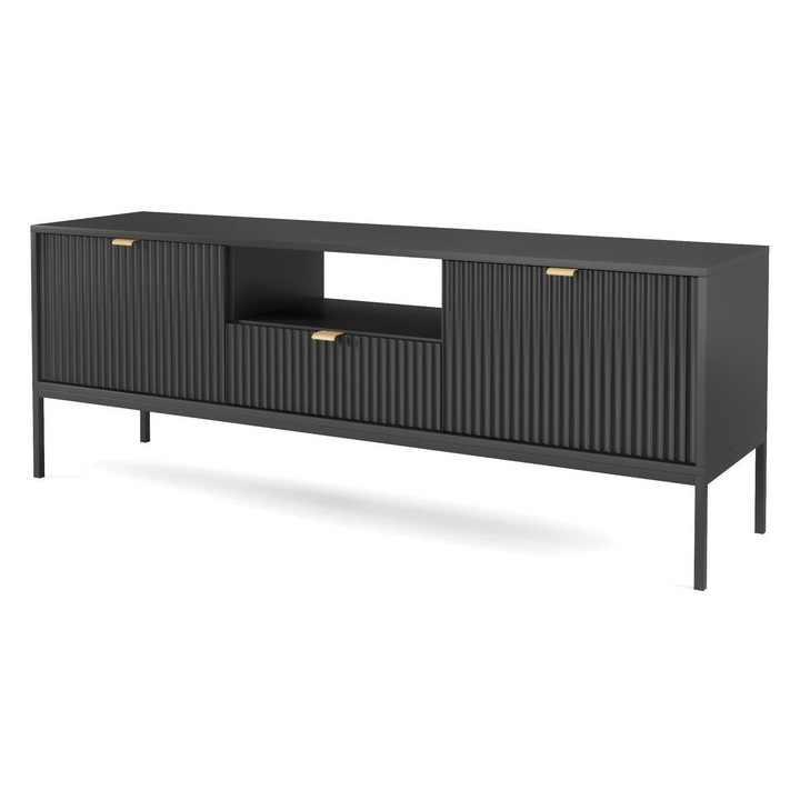 Comoda TV Furnlux, negru, 56x154x39 cm, 3 rafturi, 1 sertar
