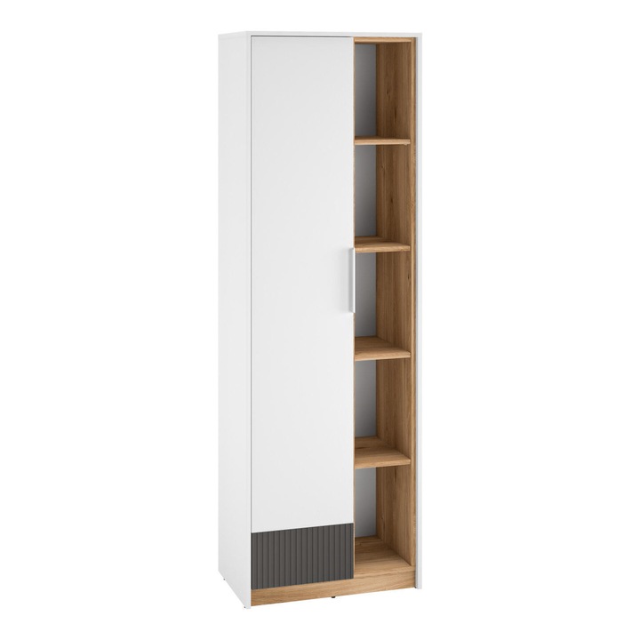Dulap Torino, Furnlux, alb/stejar/grafit, 64cm, 1 usa, 10 rafturi
