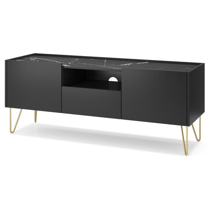 Comoda TV Furnlux Harmony, 55x144x37 cm, negru si auriu, 3 rafturi, 1 sertar