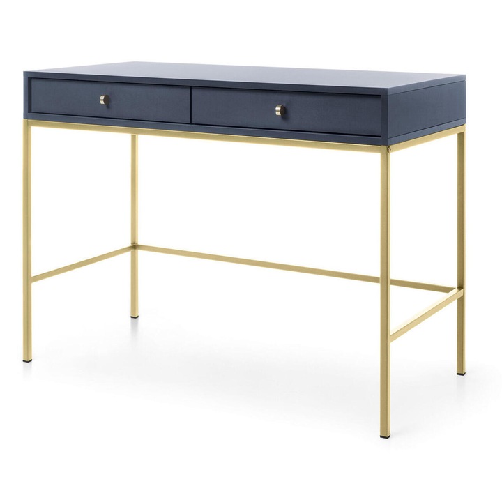 Masuta consola Furnlux, model Mono, albastru marin cu accente aurii, 2 sertare, 104 cm
