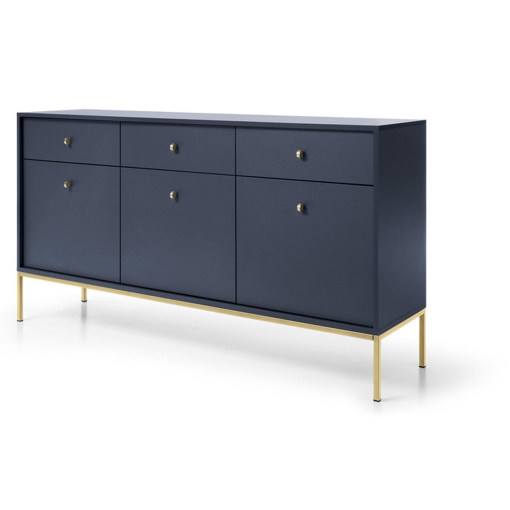 Comoda Furnlux, 154cm, albastru marin cu auriu, 3 usi, 3 sertare