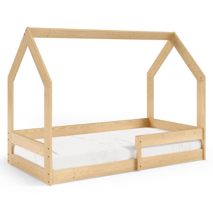 Детско легло Pola, Furnlux, 80x160 см, масивна борова дървесина, бежово, дизайн къща