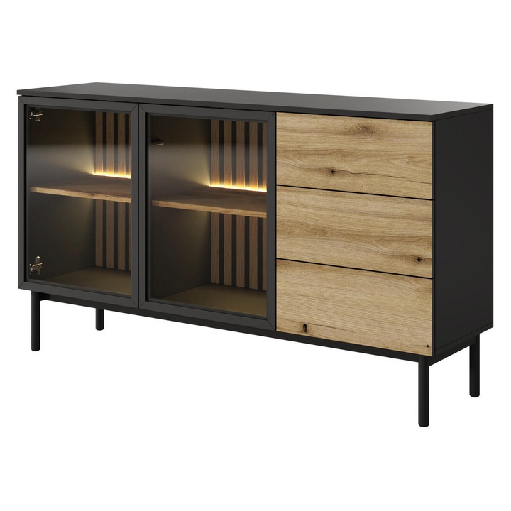 Comoda Furnlux, 150 cm, 2 usi, 3 sertare, iluminare LED