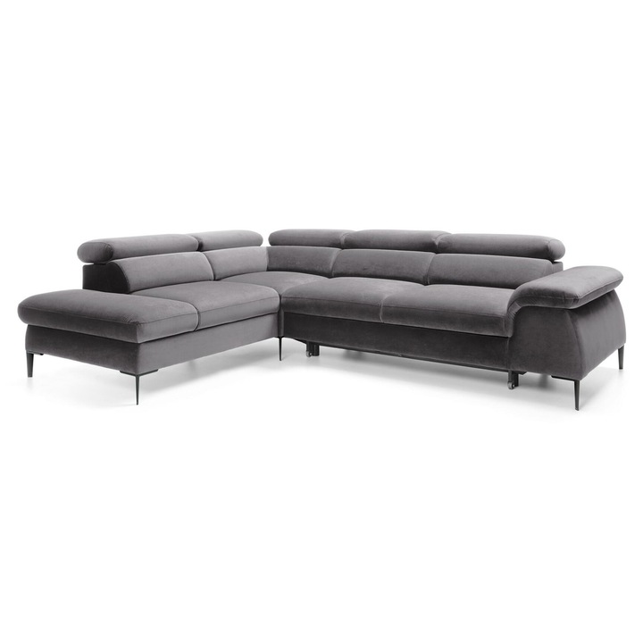 Canapea coltar Furnlux Blues gri si negru, 280x214cm, functie de dormit, compartiment de depozitare