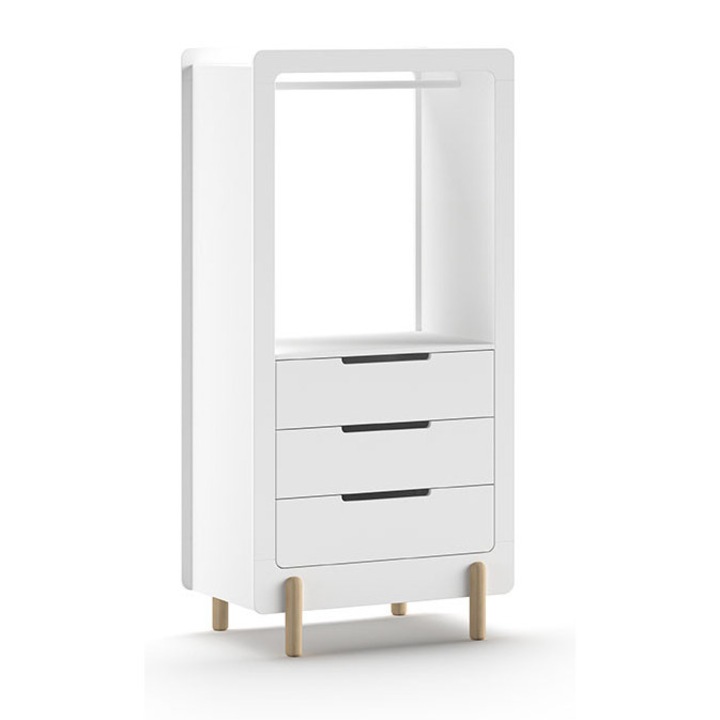 Детски гардероб Furnlux, Smile, бял, 88 см, 3 чекмеджета и закачалка за дрехи