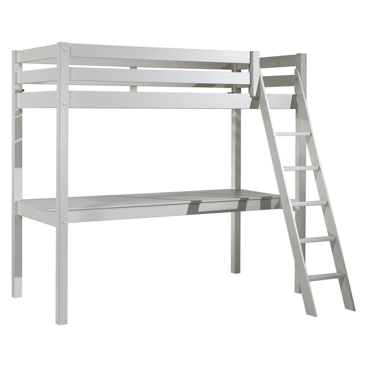 Pat supraetajat Furnlux Pino alb 90x200 cm, birou inclus