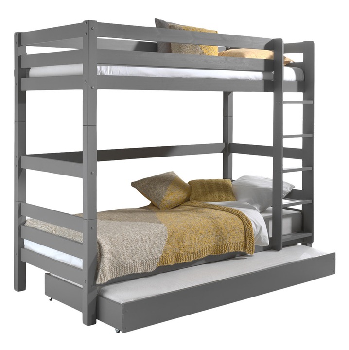 Двуетажно легло Pino, Furnlux, 90x200 см, сиво, с чекмеджета за съхранение, височина 180 см