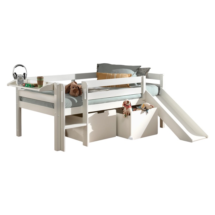 Pat, Pino, Furnlux, alb, 90x200 cm, cu tobogan, 2 sertare de depozitare