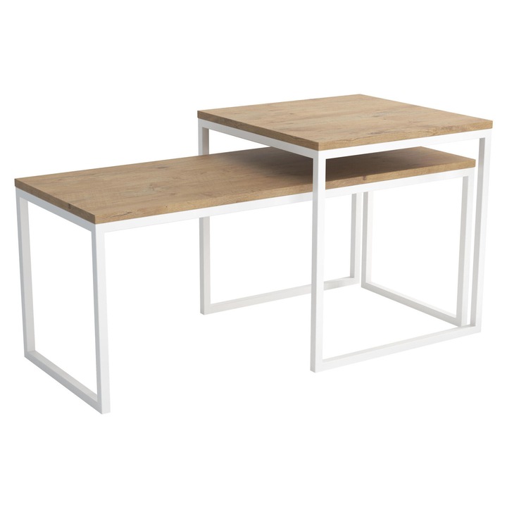Set mese de cafea TONY, Furnlux, lemn ingineresc, alb si stejar, 50x50x50 cm