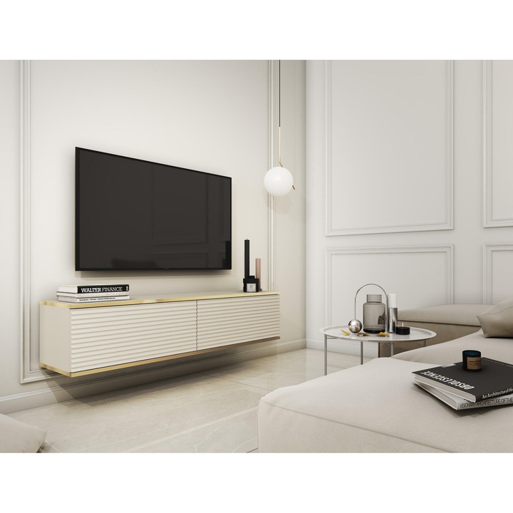 Comoda TV Furnlux ORO, 30x135x32 cm, bej si aurie, 2 rafturi, design modern