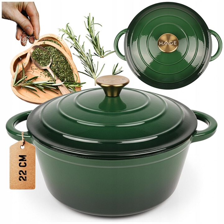 Oala din fonta emailata 3L HAGE, culoare verde, cu capac, vas de gatit premium pentru gaz, inductie si cuptor, strat antiaderent, oala traditionala din fonta groasa, usor de curatat