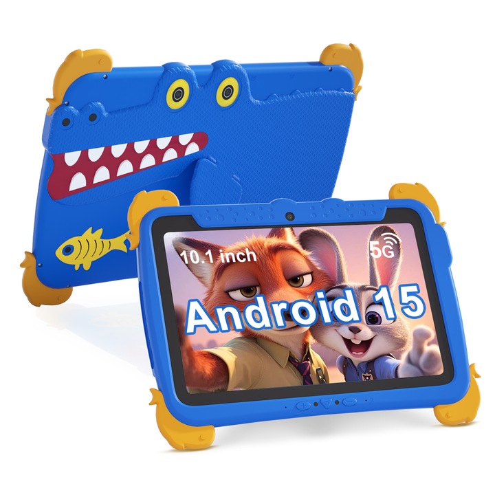 ZYTEQ 10.1 hüvelykes oktató tablet gyerekeknek, Android, 8GB RAM + 512GB, 5G, szülői felügyelet, dupla kamera, strapabíró tok, HD érintőképernyő, WiFi, Bluetooth, tok, kék