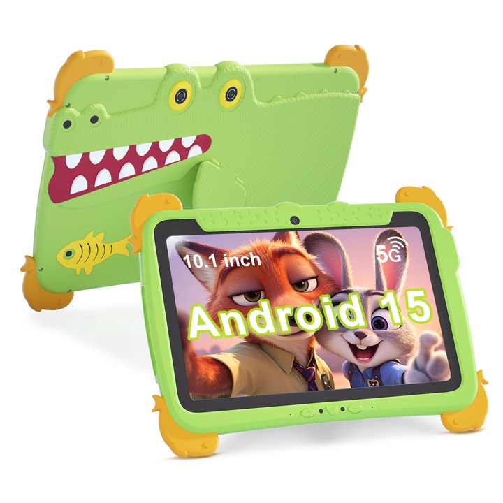 Tableta educationala pentru copii ZYTEQ®️ 10.1 inch, Android, 8GB RAM + 512GB, 5G, control parental, camera duala, carcasa rezistenta, ecran tactil HD, WiFi, Bluetooth, husal, verde
