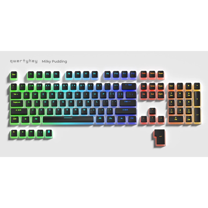 Комплект капачки за клавиши QwertyKey Pudding 108 клавиша, черно-прозрачни, OEM профил