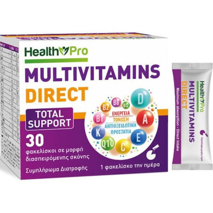 Multivitamine Health Pro Direct Total Support, 30 pachete, fara iod, cu luteina, aroma de capsuni