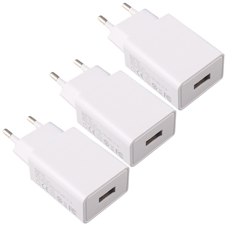 Incarcator retea, set 3 bucati, USB-A, 5V 2A, pentru telefoane mobile, alte dispozitive, fara incarcare rapida, Alb, OptimStar®