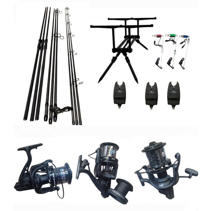 Set 3 Lansete Carbon 3, 60m + 3 Mulinete Tambur 10.000 Long Cast, 10 Rulmenti + Rod Pod, 3 Senzori, 3 Swingere+ 3 Role Fir 0, 30mm x 500 metri