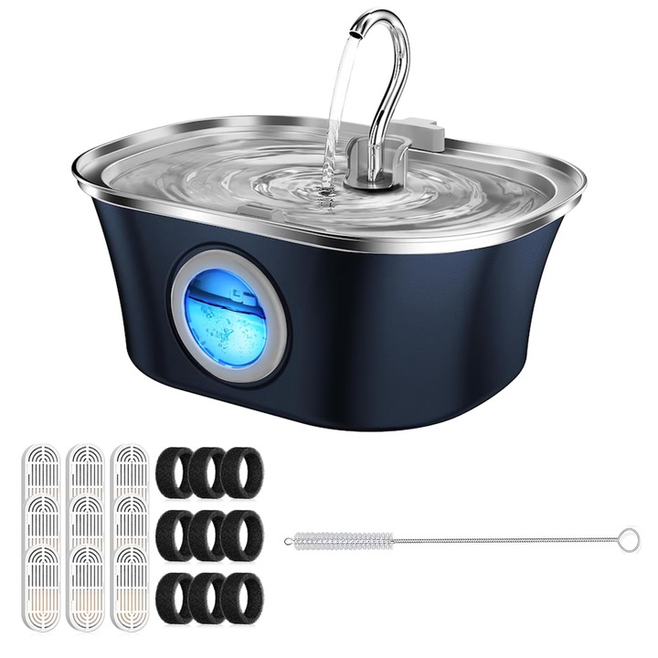 Fantana automata pentru pisici si caini, inox 304, sistem de filtrare, albastru inchis, 3.2L, set filtrare inclus