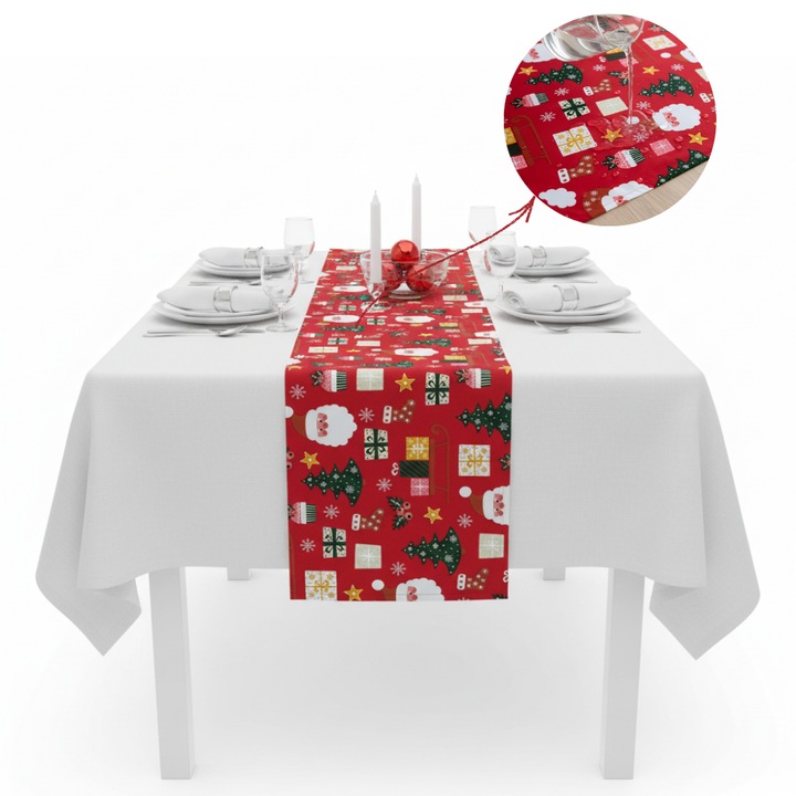 Traversa de masa bumbac impermeabila Salestore.ro, imprimeu Craciun 3D, rezistenta la pete, Rosu, 180x40cm