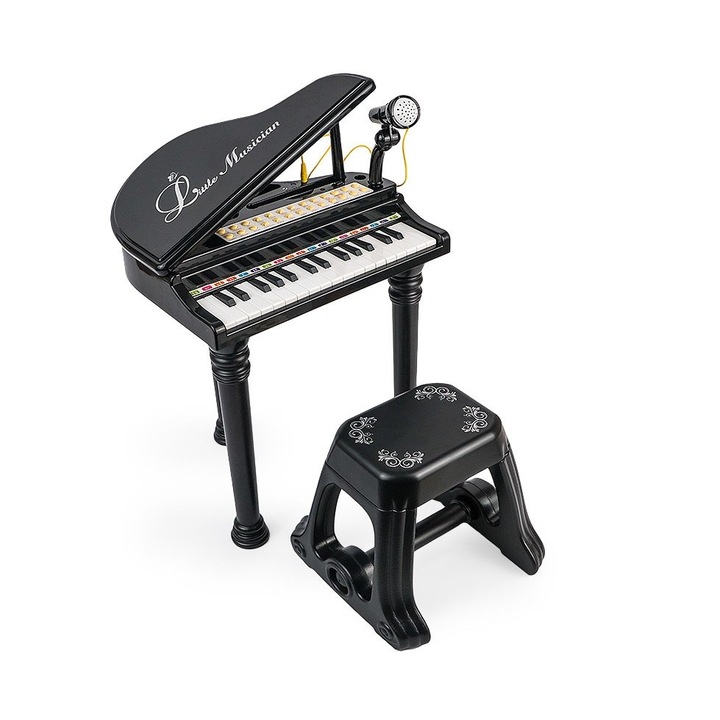 Pian Electronic Kardett Micul Muzician cu Microfon și Scaunel, 31 Clape, Efecte Luminoase, Negru, 52,5x34,5x30cm