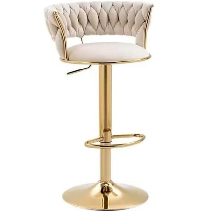 Scaun de bar modern reglabil 65-80 cm, rotativ 360°, cadru auriu, tapiterie velvet alb-bej, pentru bucatarie sau insula